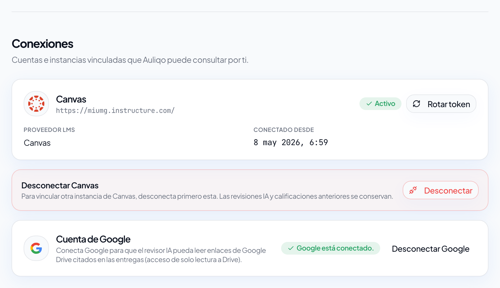 Formulario de conexion a Canvas anonimizado